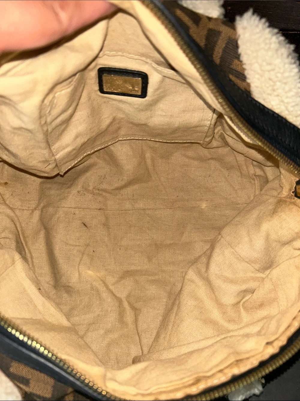 Brown Monogram Satchel with Cream Shearling Trim
